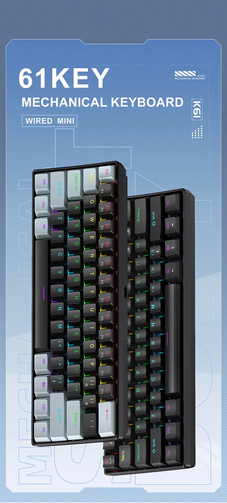 APAYADO K61 Mini Mechanische Tastatur, kabelgebunden, 61 Tasten, Phantom RGB, mechanischer Schalter in Schwarz/Weiß/Rot/Blau für Gaming, 60 % tragbar