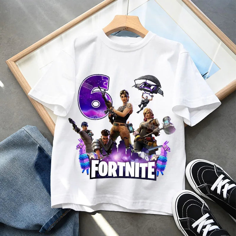 Fortnite Kindergeburtstag Zahlen-T-Shirt für Mädchen und Jungen, Sommerkleidung, Baby-Baumwoll-T-Shirt, Party-Kurzarm-Oberteil, Geschenk für Kleinkinder