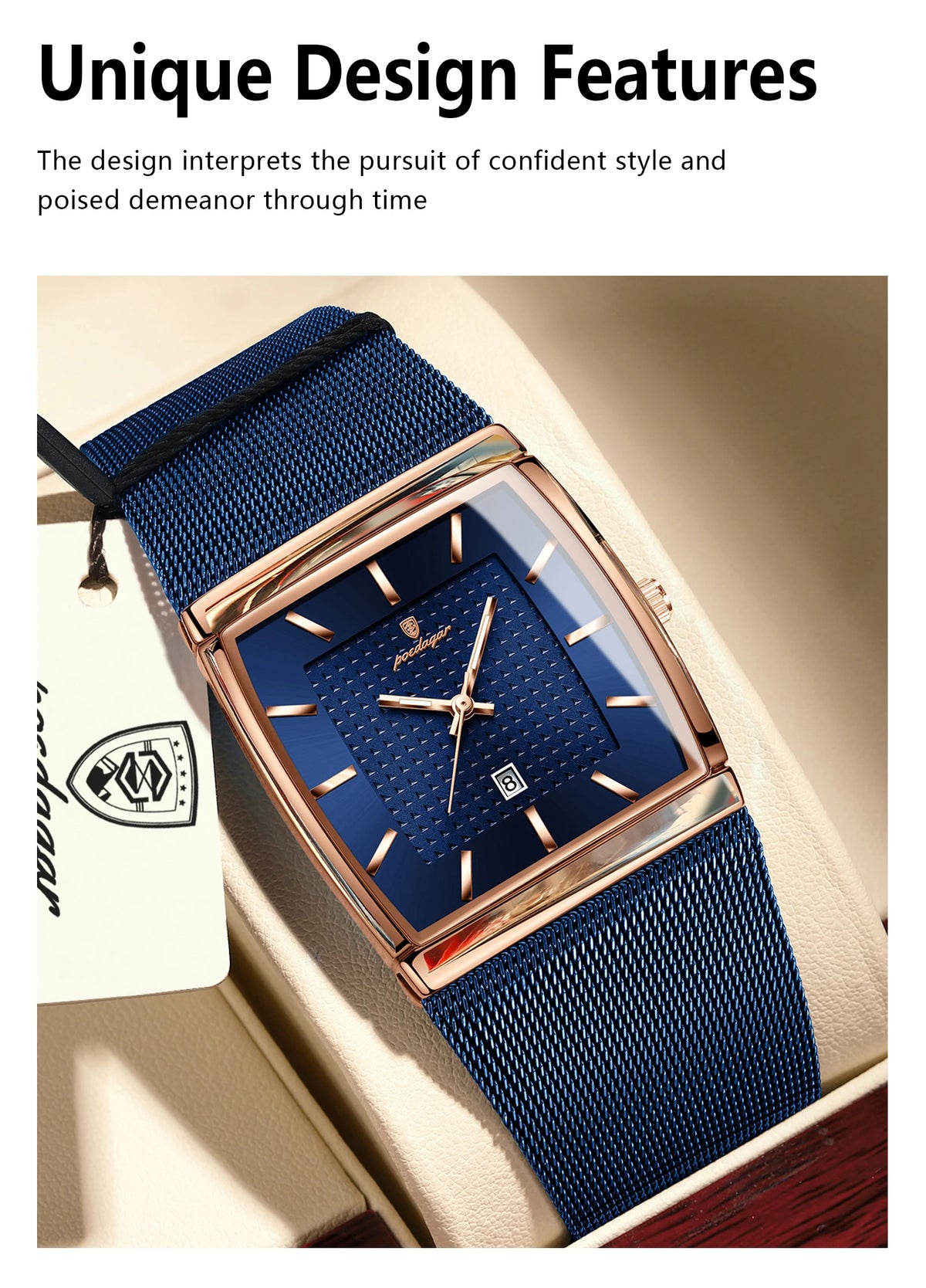 POEDAGAR Men’s Luxury Rectangle Quartz Watch Stainless Steel Mesh Strap, Luminous Dial & Date