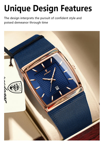 POEDAGAR Men’s Luxury Rectangle Quartz Watch Stainless Steel Mesh Strap, Luminous Dial & Date