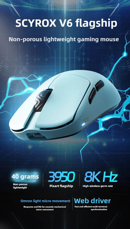 Rato sem fios esports SCYROX V6 não poroso 40g 750IPS com recetor 8k, resposta rápida, PixArt 3950, controlador web 8KHz de alta qualidade