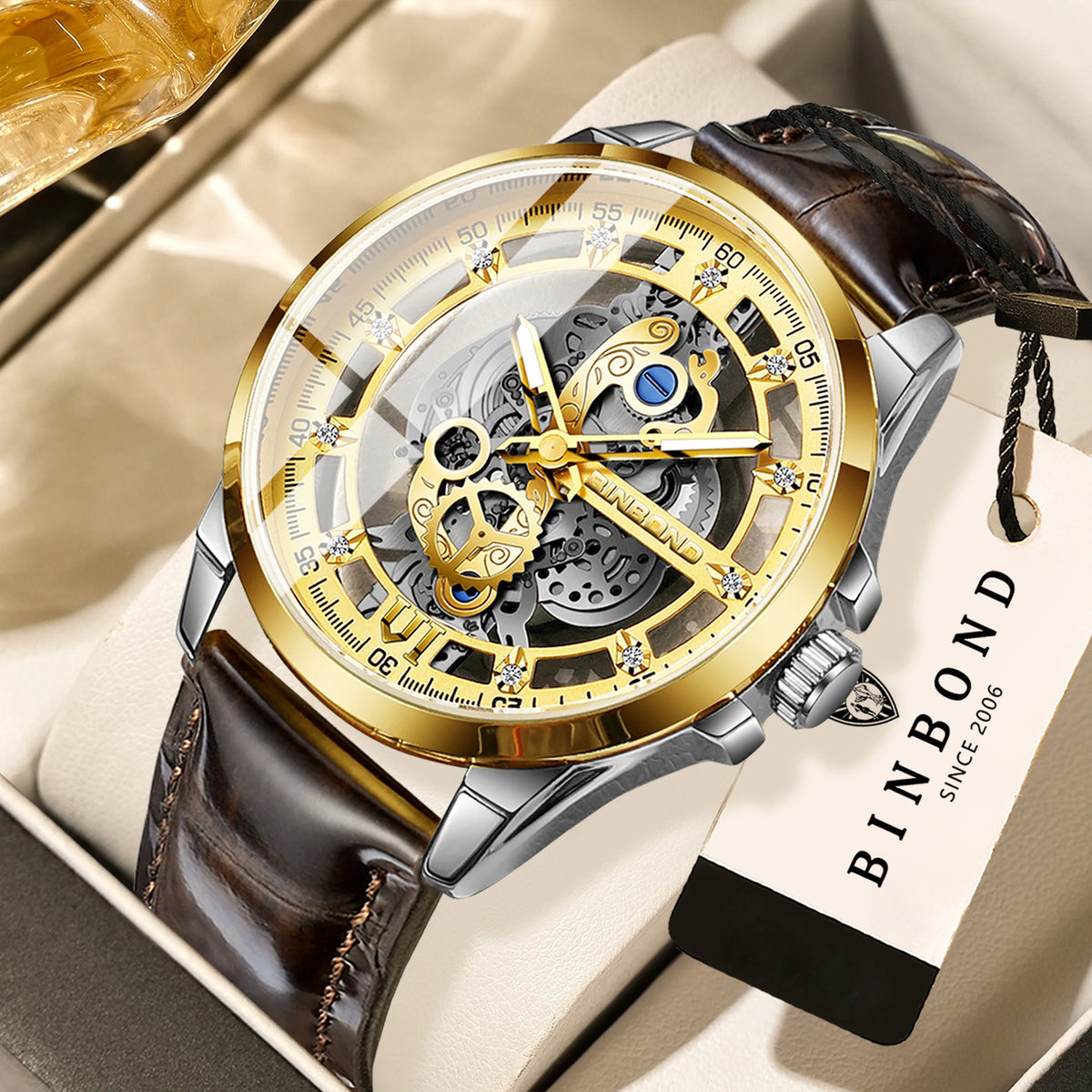 Vintage openwork BINBOND quartz wristwatch for men, luminous, water-resistant, accurate and durable, casual style.