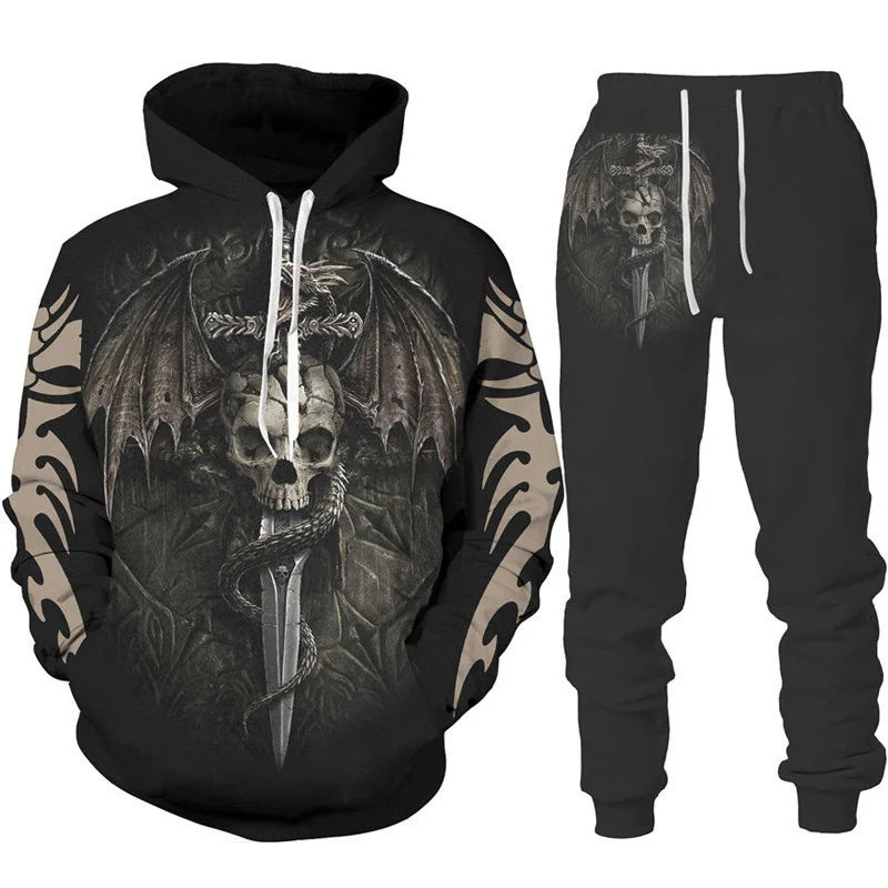 Dres z nadrukiem 3D Retro Dragon Tattoo dla mężczyzn i kobiet, casualowy zestaw z bluzą z kapturem + spodnie, 2 części, oversize, modna odzież męska