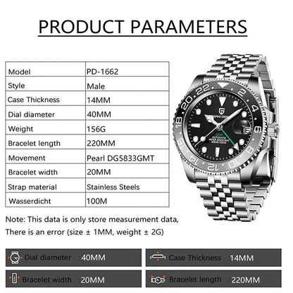 GMT Wristwatch PAGANI DESIGN Automatic Watch 40mm Mens Watch Top Brand Mechanical Watch 100M Waterproof Luminous Watches PD-1662