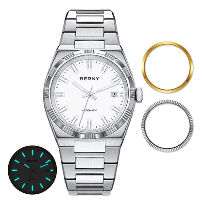 BERNY men’s automatic watch, gold-coloured, sapphire crystal, luminescent hands, 100% genuine, fitted with a PT5000 movement, anti-reflective coating, luxury model with interchangeable bezel, water-resistant to 5 ATM.