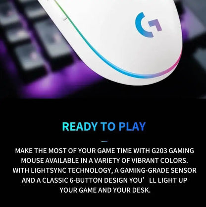Logitech G203 LIGHTSYNC Mouse Wired 8000 DPI Sensor RGB Sync 6 Buttons Mechanical Tensioning Office-Gaming Dual-Use