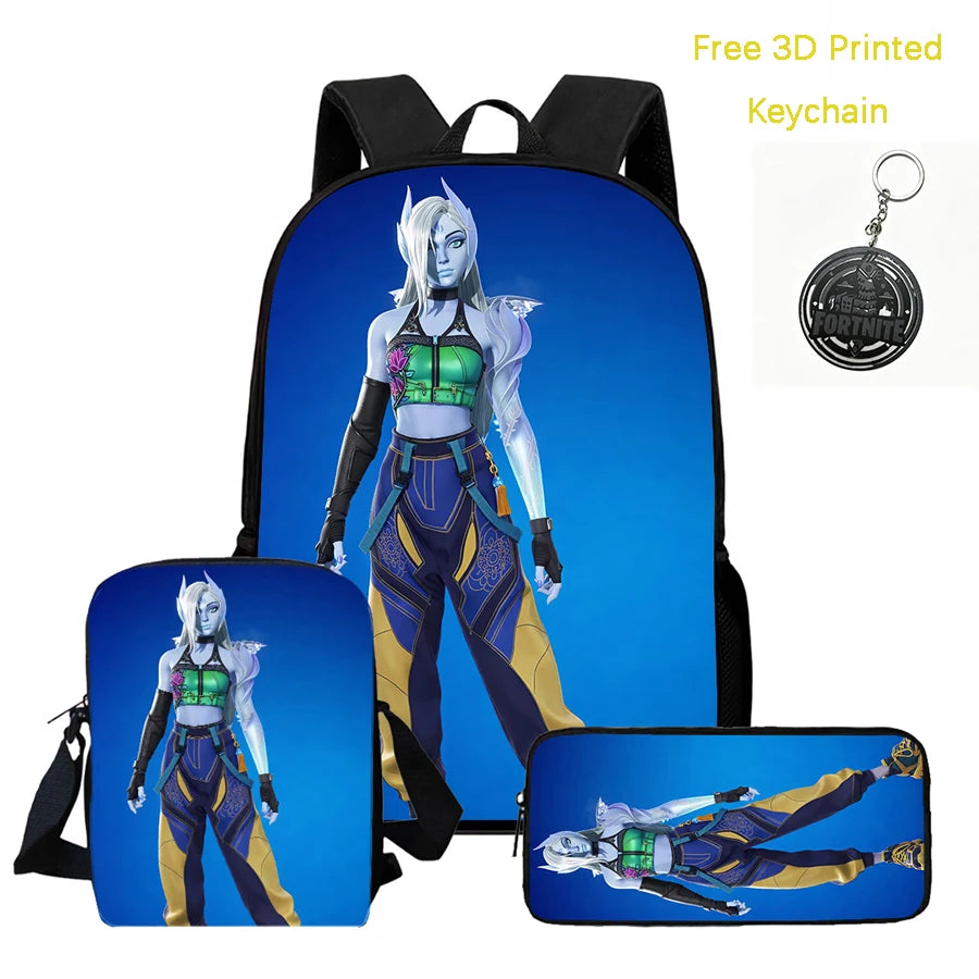 Conjunto de mochila infantil 3 peças, mala a tiracolo e estojo, mala FORTNITE com desenhos, leve para meninos e meninas dos 5 aos 10 anos, porta-chaves 3D impresso grátis