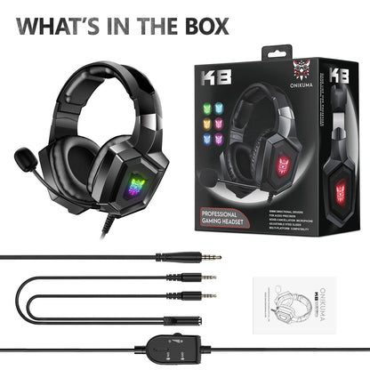 ONIKUMA K8 casque de jeu avec micro HD Flexible lumière rvb son Surround sur-oreille casque filaire Gamer pour PC de jeu Xbox