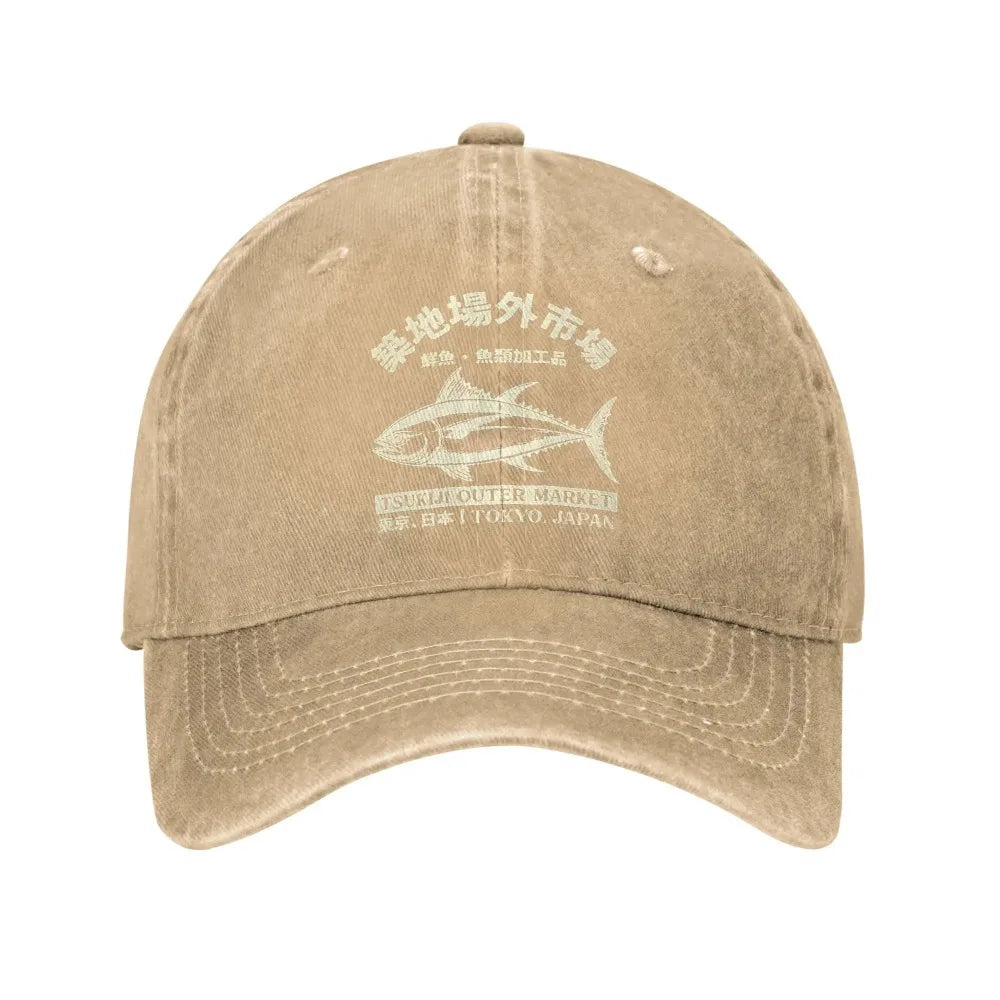 Japanilainen Tsukiji-kalamarkkinat -aiheinen, pesetty baseball-lippalakki, Tokyo, Japani, naisten ja miesten snapback-lippalakki