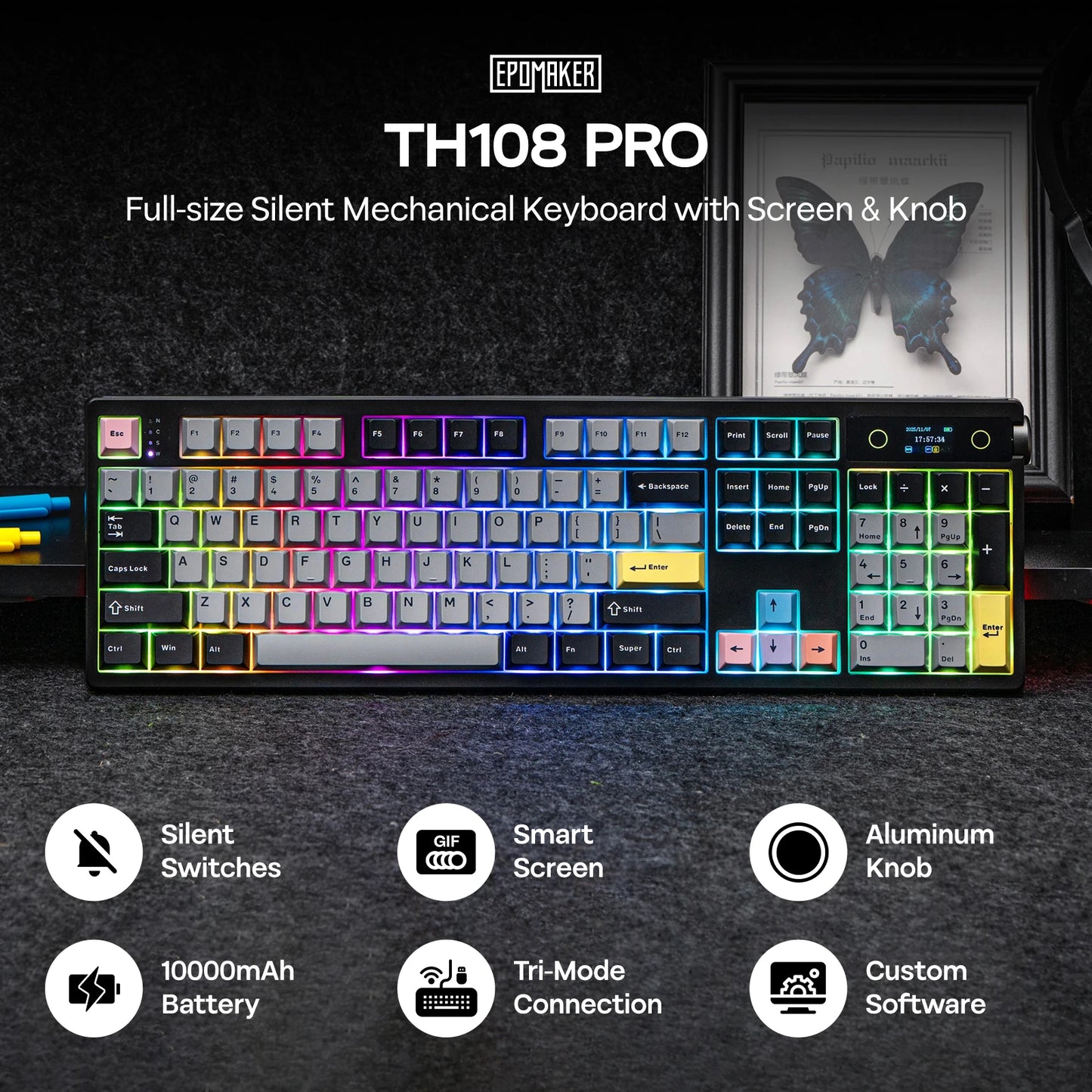 EPOMAKER TH108 PRO 100% Full-Sized Hot-Swap kabelgebundene/BT/2.4Ghz kabellose mechanische Tastatur mit Display & Drehknopf, 10000mAh Akku