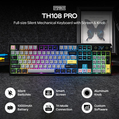 EPOMAKER TH108 PRO 100% Full-Sized Hot-Swap kabelgebundene/BT/2.4Ghz kabellose mechanische Tastatur mit Display & Drehknopf, 10000mAh Akku