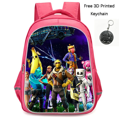 FORTNITE 16-inch Durable Lightweight Backpack, Dual Zipper Pockets, Cartoon Style for Boys & Girls 6-10,Free 3D Printed Keychain