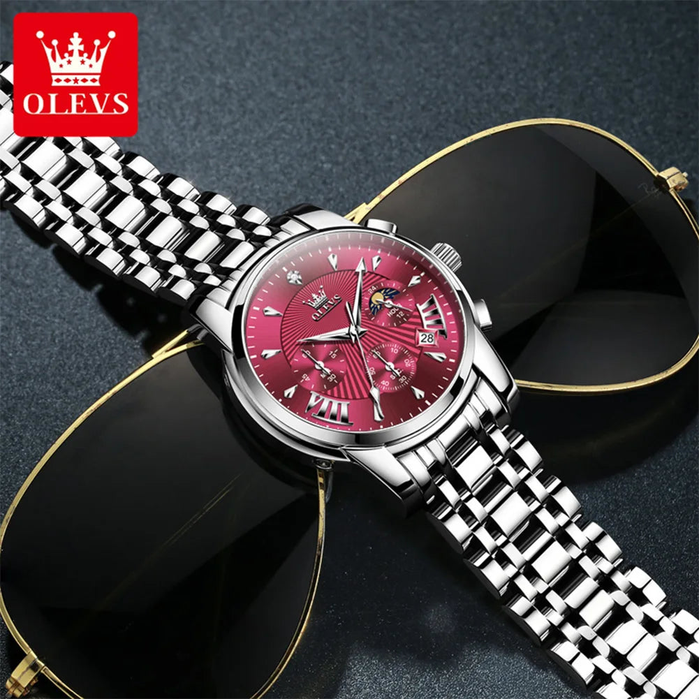 OLEVS Brand Fashion Red Watch For Men Luxury Sport Waterproof Stainless Steel Chronograph Quartz Watches Mens Relogio Masculino