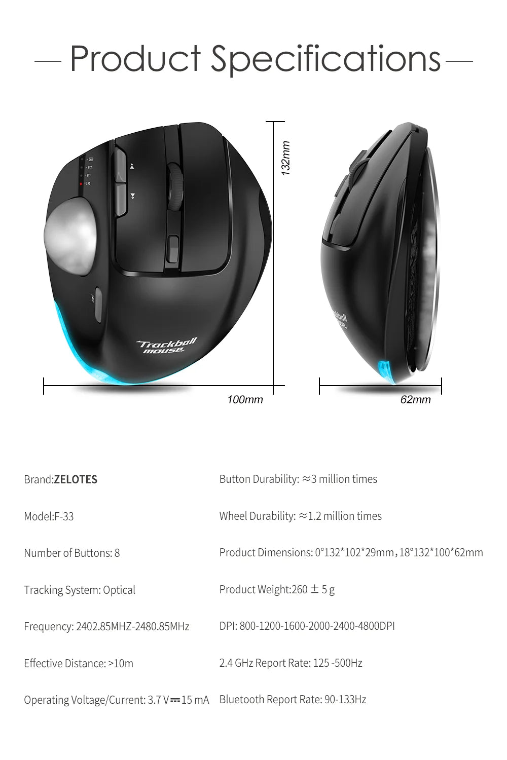 Lefon F33/F26C/F35B Trackball Mouse/ Bluetooth Ergonomic Mouse 2.4G Wireless Rechargeable Rollerball Mice for PC Office Drawing