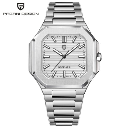 Nuovo orologio di lusso quadrato PAGANI DESIGN 2026 da uomo al quarzo, vetro zaffiro AR, movimento giapponese, luminoso, in acciaio 316L all steel