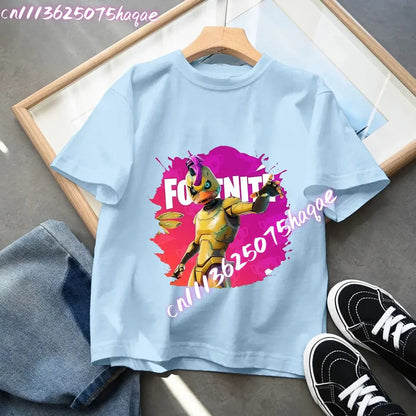 Fortnites Kids Blue Cotton T Shirt Fortress Night Baby Short Sleeve Tees Shirt Cartoon Boy Girl Summer Clothes Kawaii Tops Gift