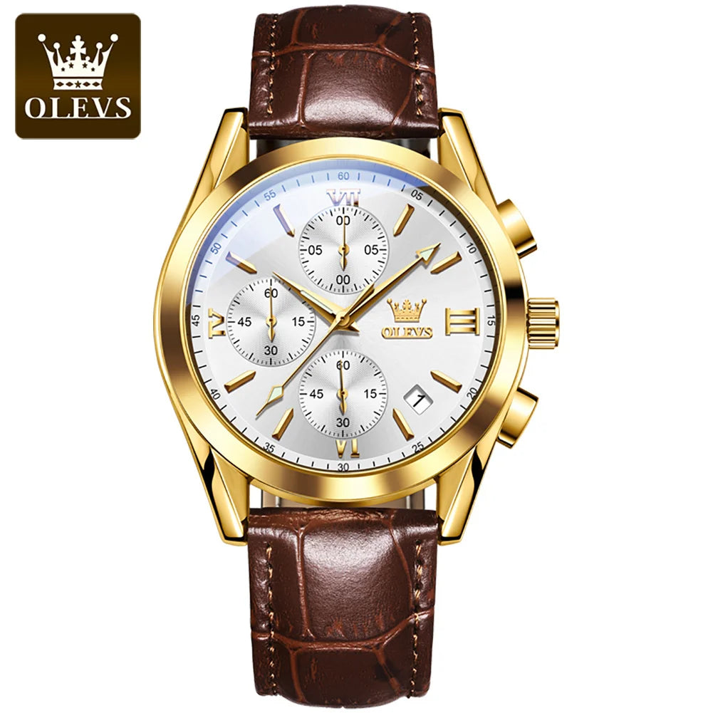 Reloj de pulsera cronógrafo para hombre OLEVS 2872 – Correa de piel, resistente al agua, agujas luminiscentes, movimiento de cuarzo, estilo deportivo de lujo