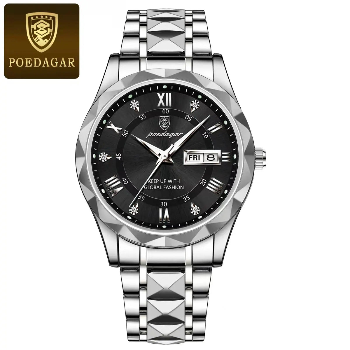 Montre homme POEDAGAR Business Luxury, étanche, en acier inoxydable, lumineuse, avec date et jour de la semaine, style sport, à quartz.