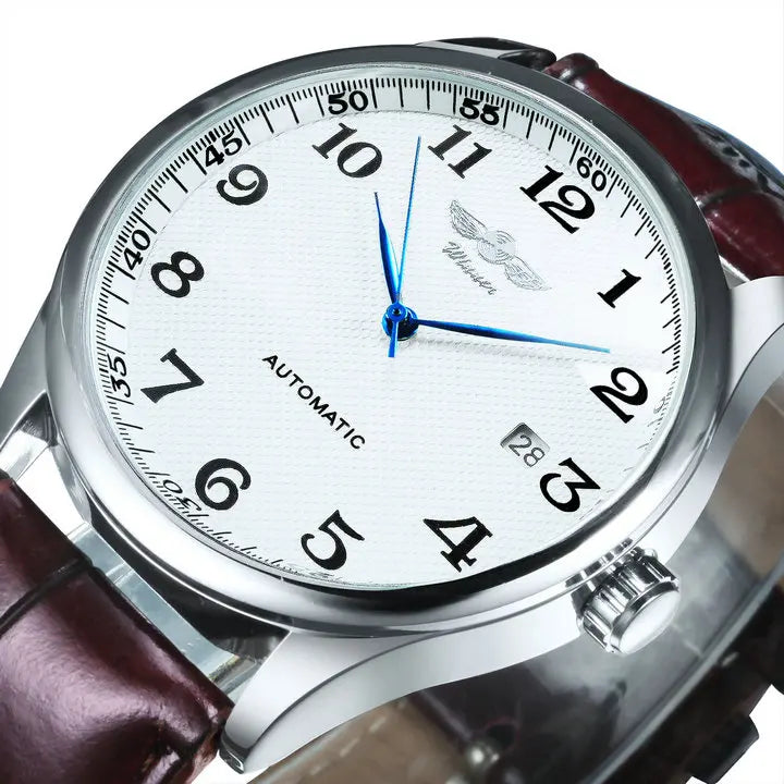 Relógio clássico para homem – Estilo retro com calendário e ponteiros azuis, movimento mecânico automático, marca de prestígio, caixa em aço e bracelete em pele