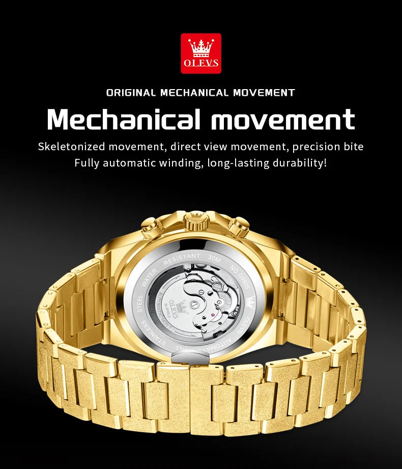 Ceasuri pentru bărbați OLEVS din oțel auriu, ceasuri de lux mecanice automate, ceasuri de mână sport, rezistente la apă, cu tourbillon, Reloj Hombre