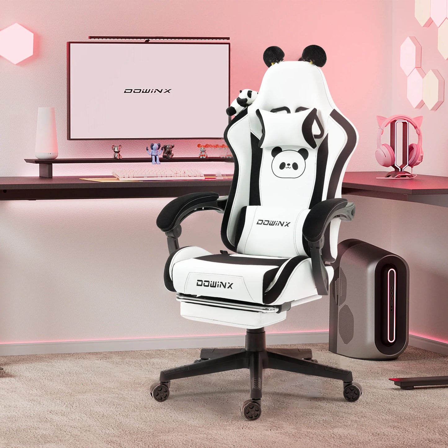 Silla gaming cute con orejas de gato, reposapiés rosa kawaii, silla de ordenador ergonómica de respaldo alto para gamers con soporte lumbar de pata de gato