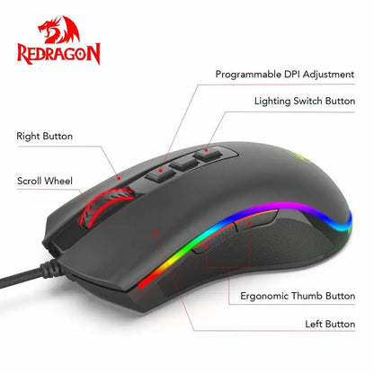 Mouse da gaming per PC Redragon M711 cablato, 7 pulsanti programmabili, RGB personalizzabile, 10,000 DPI, ergonomico