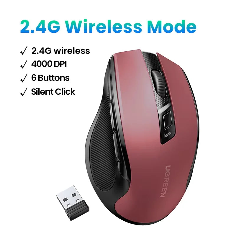 Bezdrátová myš UGREEN Bluetooth 5.0, ergonomická myš 4000 DPI se 6 tichými tlačítky pro MacBook, tablet, notebooky, počítač PC, 2.4G myš