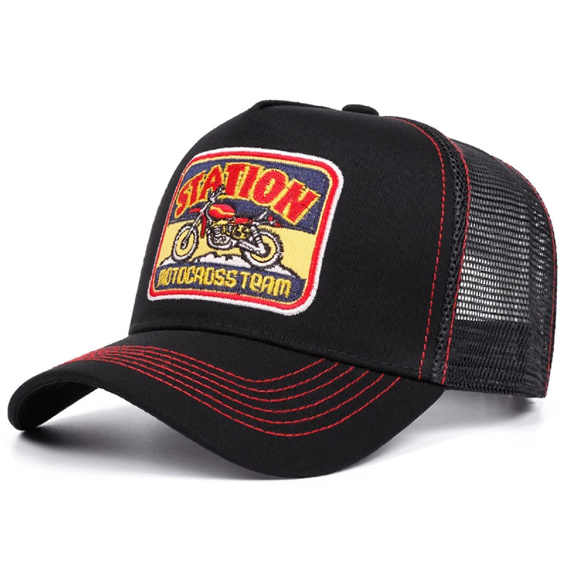 2025 New Truck Hat STATION Motorcycle Men's Street Skateboarding Hat Hip Hop Hat Women's Leisure Sunshade Baseball Hat Mesh Hat