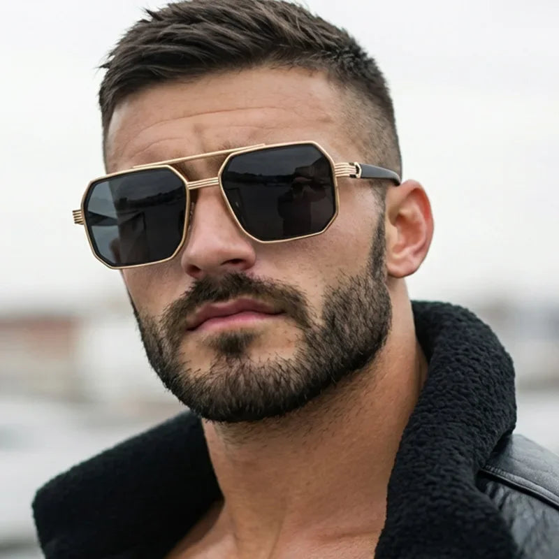 Trendy Women Luxury Polygonal Sunglasses Double Beam Men Metal Sunglass Outdoor Driving Shade Unisex
