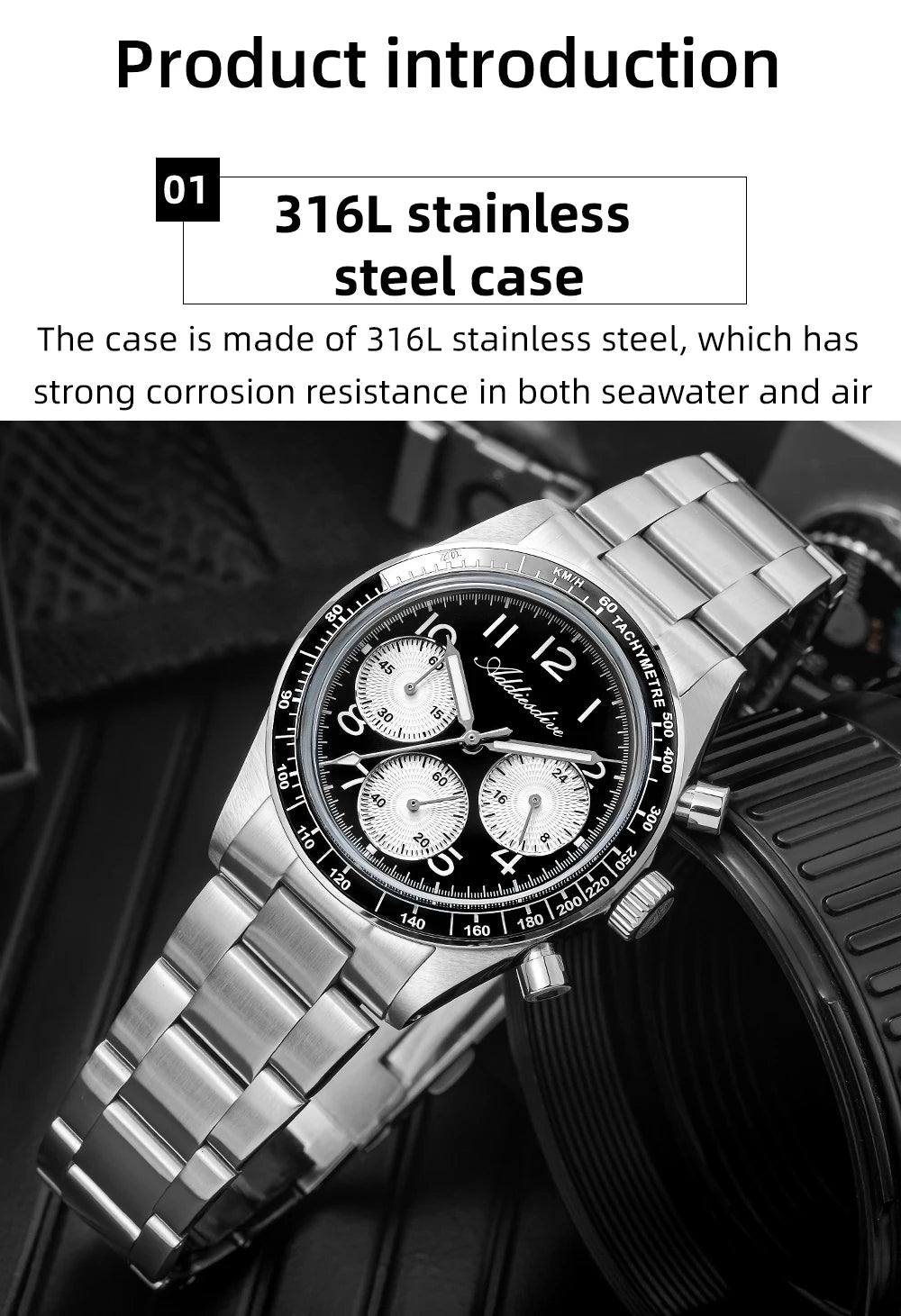 ADDIESDVIE Men Watch Reloj Hombre 10Bar Waterproof AD2517 BGW9 Super Luminous 316L Stainless Steel VK63 Chronograph Quartz Watch
