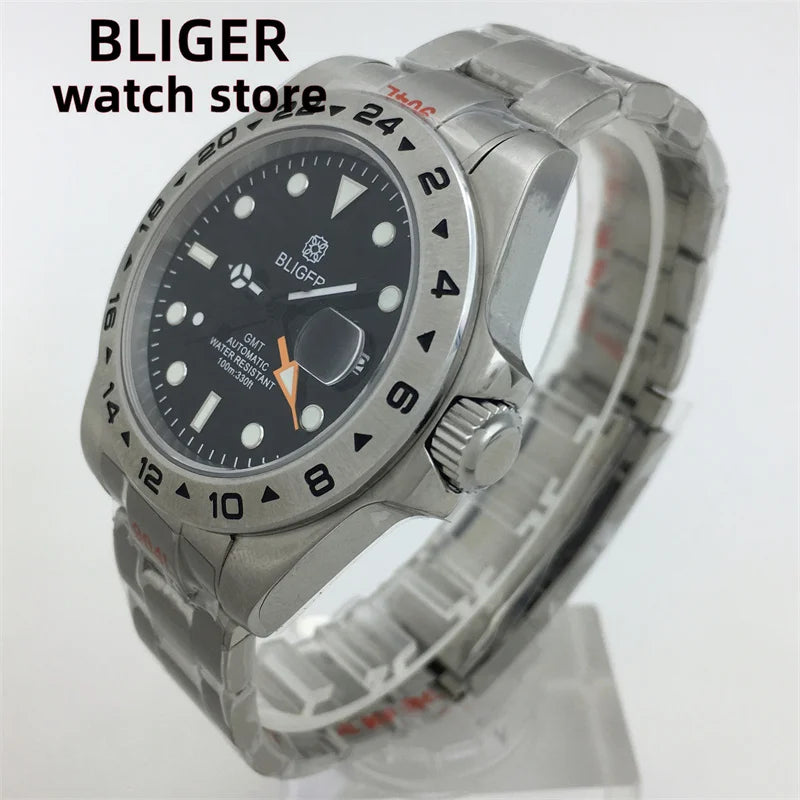 BLIGER 40mm/43mm Japan NH34 GMT Men's mechanical watch green luminous white dial sapphire glass stainless steel strap