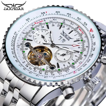 JARAGAR 034, lyxig retro-armbandsur med automatisk mekanisk urverk, tourbillon, skelettur, rostfritt stål, veckokalender, herrklocka