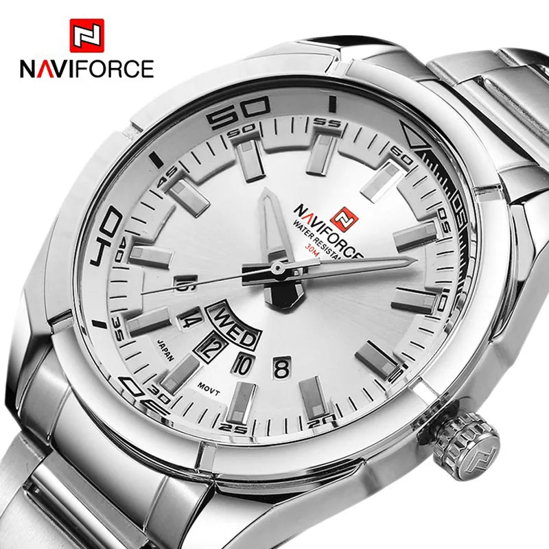 Ανδρικό ρολόι NAVIFORCE, εξ ολοκλήρου από ατσάλι, αδιάβροχο, casual στυλ, μηχανισμός χαλαζία με ένδειξη ημερομηνίας – Πολυτελές ανδρικό ρολόι χειρός, από κορυφαία μάρκα.