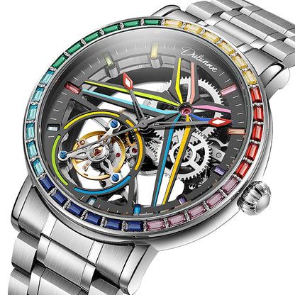 Skelethorloge voor heren, modieuze stijl, versierd met edelstenen in de kleuren van de regenboog, voorzien van een tourbillon; luxe mechanisch automatisch horloge, waterdicht tot 30 meter.