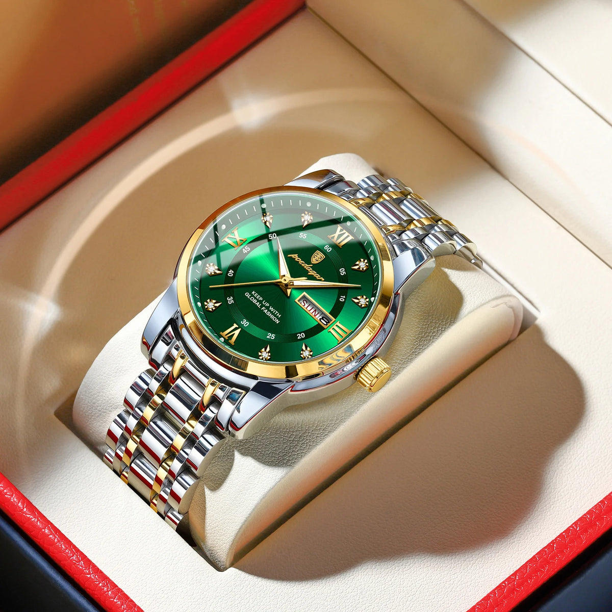 Trendy, luxe POEDAGAR herenpolshorloge, waterdicht, van roestvrij staal, verlicht, met datum en quartz-uurwerk.