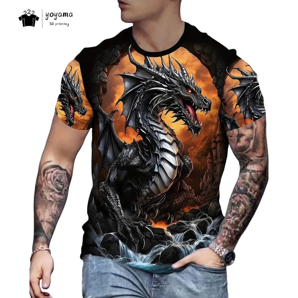 T-shirts de homem com padrão de dragão, manga curta, gola redonda, estilo streetwear, estampado animal 3D, corte largo e versátil, roupa de homem