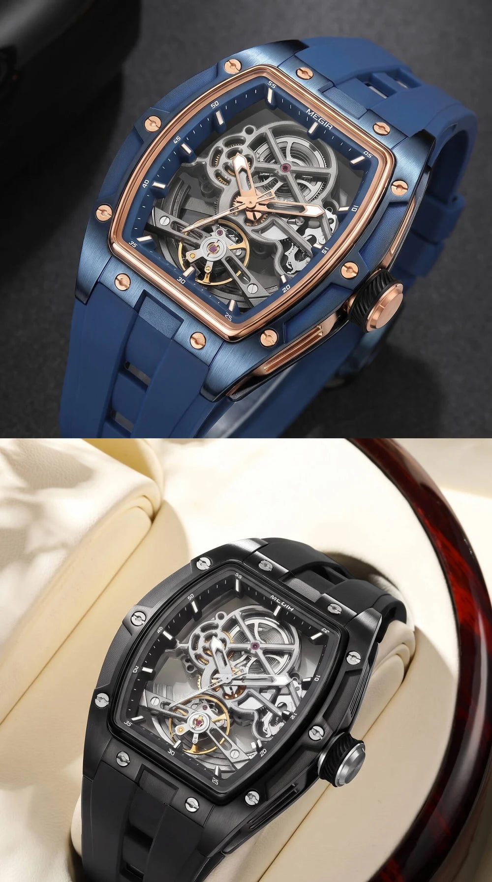 Relógio mecânico para homem MEGIR, formato de barril, mostrador esqueletizado com aberturas, estilo desportivo, bracelete em silicone, relógio automático de luxo