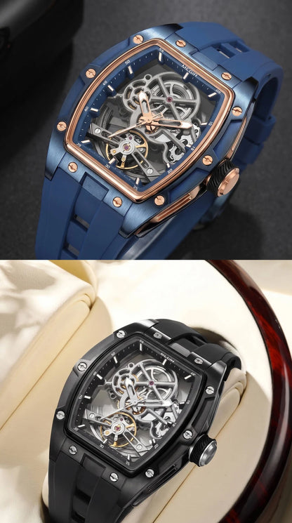 Relógio mecânico para homem MEGIR, formato de barril, mostrador esqueletizado com aberturas, estilo desportivo, bracelete em silicone, relógio automático de luxo