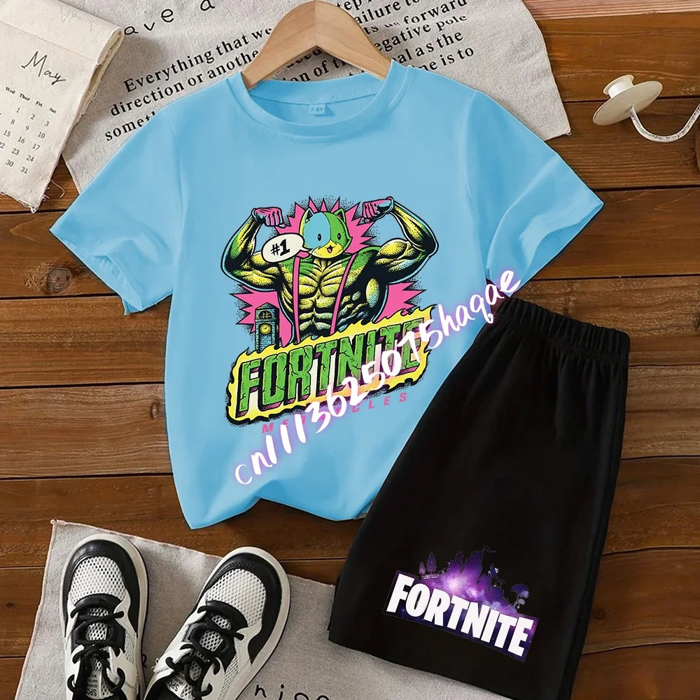 Fortnites Kids T Shirt Shorts Set Cartoon Figure Printed T Shirts Children Tops Summer Casual Sportswear Kids Boys Clothing