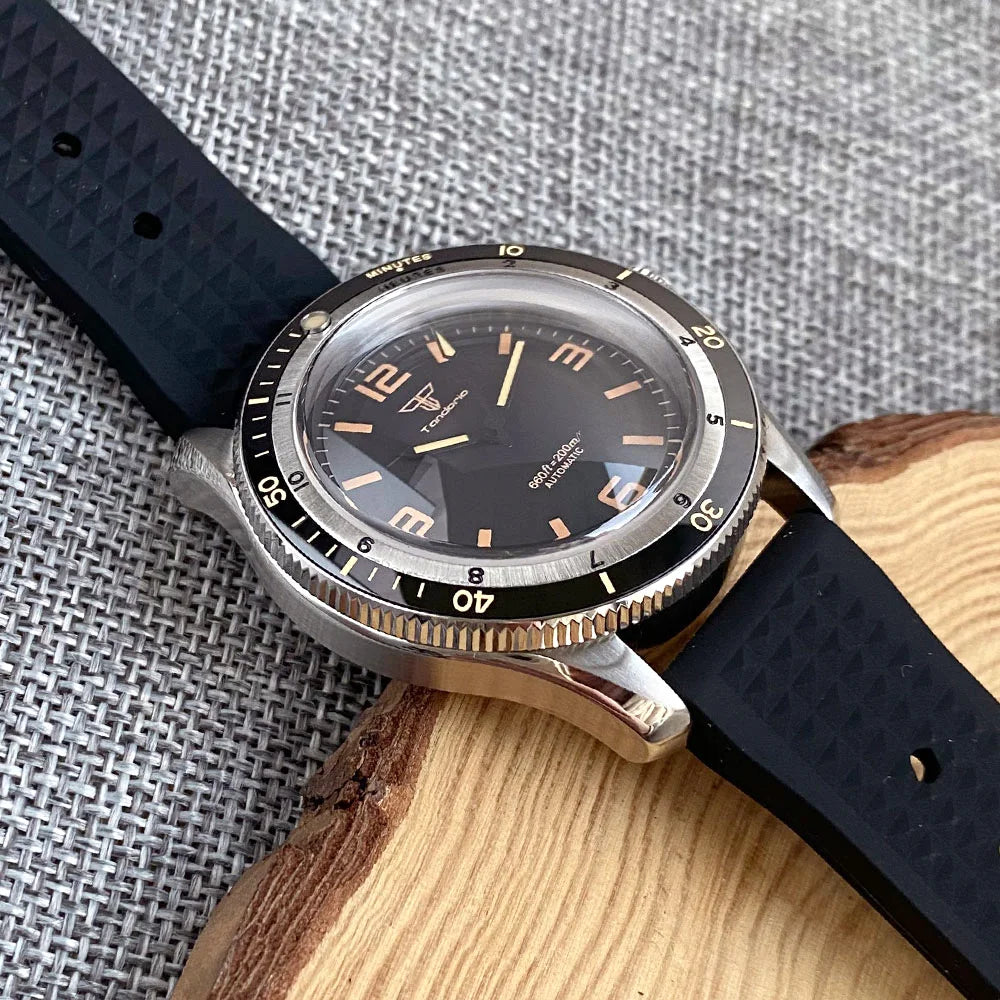 Tandorio NH35A PT5000 Mechanical Mens Watch 20BAR Waterproof Sapphire Luminous Red Black Dial Stainless Steel Bracelet New Clock