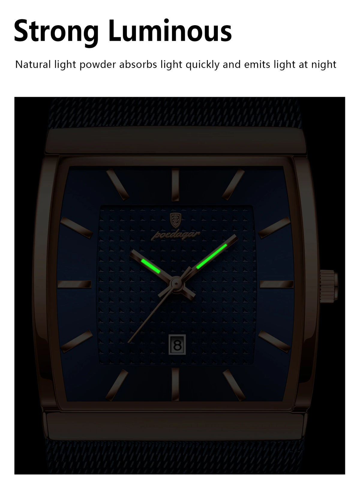 POEDAGAR Men’s Luxury Rectangle Quartz Watch Stainless Steel Mesh Strap, Luminous Dial & Date