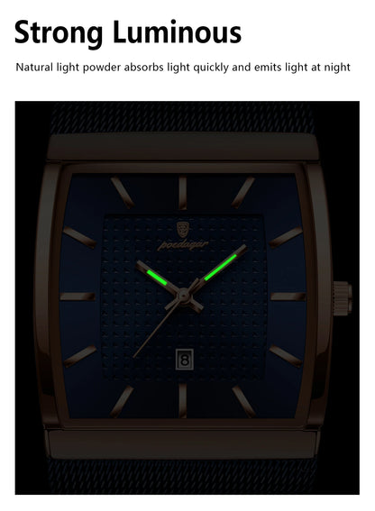 POEDAGAR Men’s Luxury Rectangle Quartz Watch Stainless Steel Mesh Strap, Luminous Dial & Date