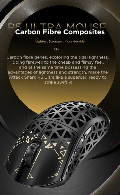 Mouse de gaming wireless ATTACK SHARK R5 Ultra Carbon Fiber, senzor de gaming PixArt PAW3950MAX, 42000DPI, 8000Hz, MCU Nordic 52840