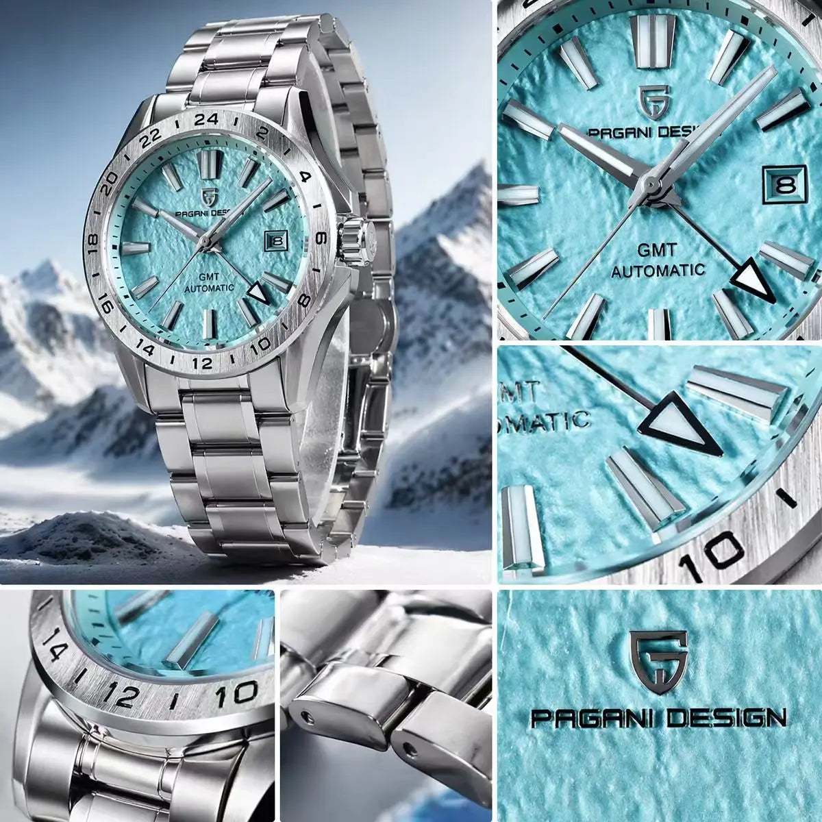 Pagani Design Men's Luxury GMT Automatic Watch Stainless Steel Case Sapphire Glass 100m Waterproof Mechanical Business Watch