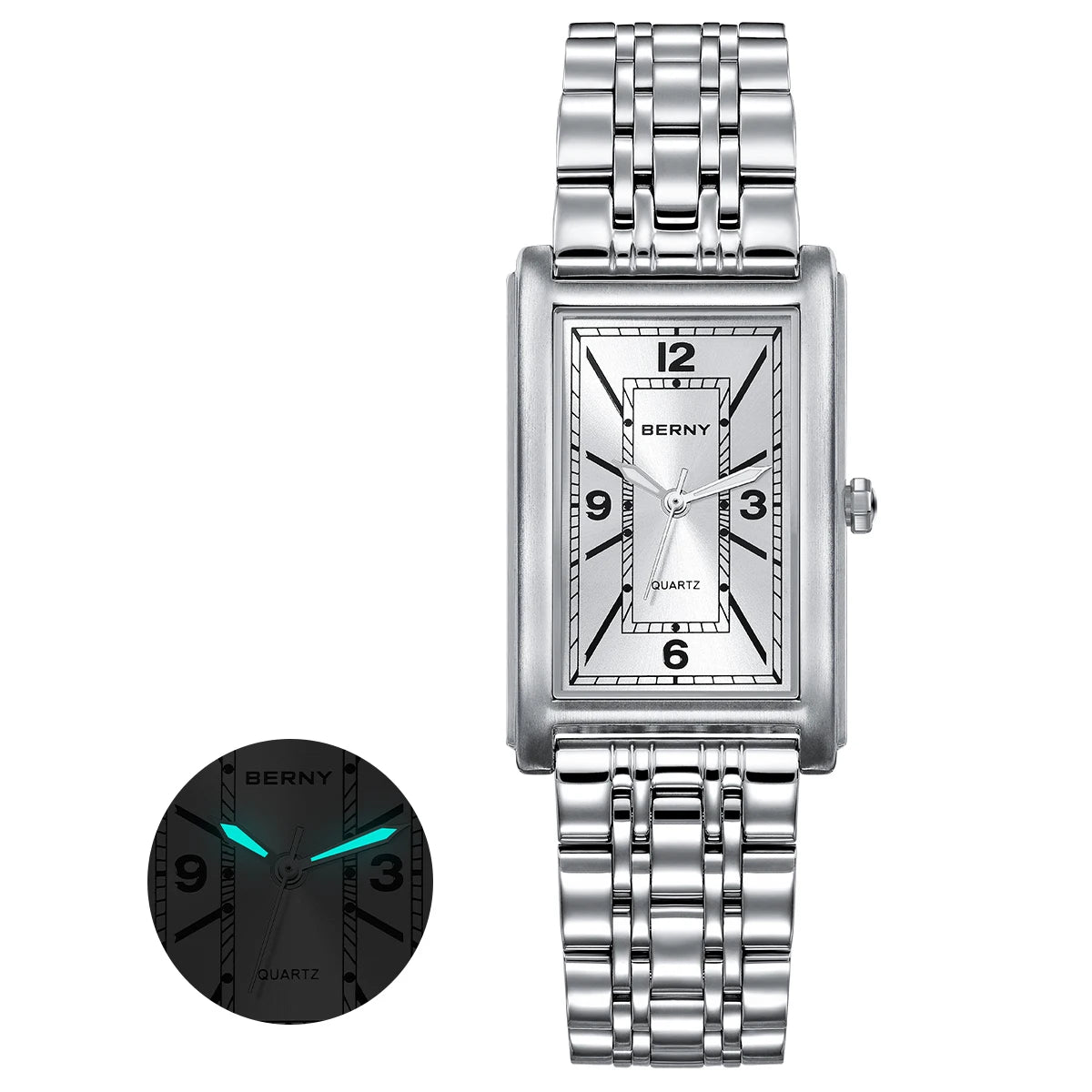 Montre carrée pour homme BERNY – Mouvement à quartz, cadran à chiffres romains, affichage luminescent, boîtier en acier inoxydable 316L – Montre rectangulaire élégante et décontractée