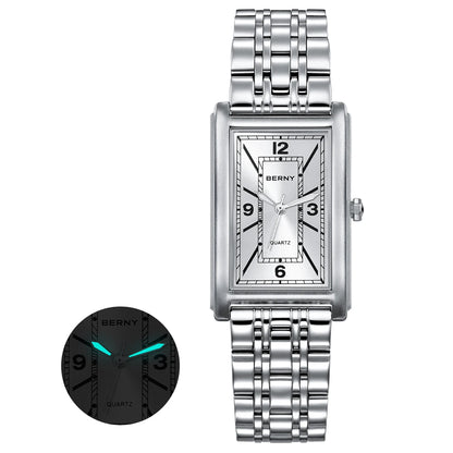 Montre carrée pour homme BERNY – Mouvement à quartz, cadran à chiffres romains, affichage luminescent, boîtier en acier inoxydable 316L – Montre rectangulaire élégante et décontractée