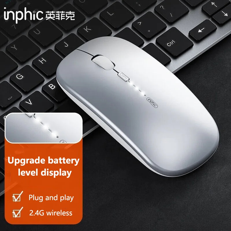 Bezdrátová tichá kancelářská myš Inphic M1P, ultratenká přenosná, USB rozhraní, ukazatel stavu baterie, nabíjení TYPE-C