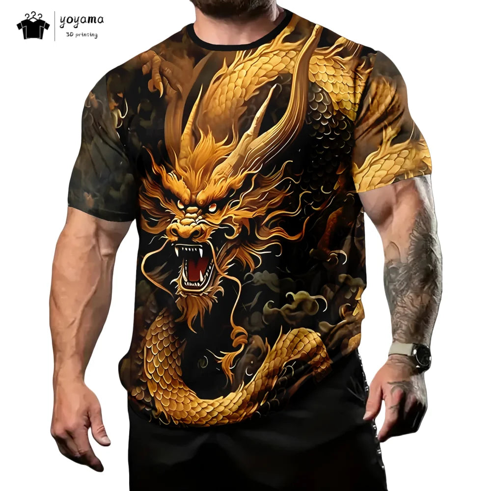 T-shirts de homem com padrão de dragão, manga curta, gola redonda, estilo streetwear, estampado animal 3D, corte largo e versátil, roupa de homem