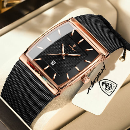 POEDAGAR Men’s Luxury Rectangle Quartz Watch Stainless Steel Mesh Strap, Luminous Dial & Date