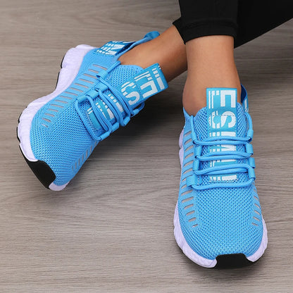 Zapatillas deportivas de mujer de malla, ligeras, con suela suave, correa para jogging, transpirables, de moda, para caminar, deportivas informales, de tenis, planas, para hombre